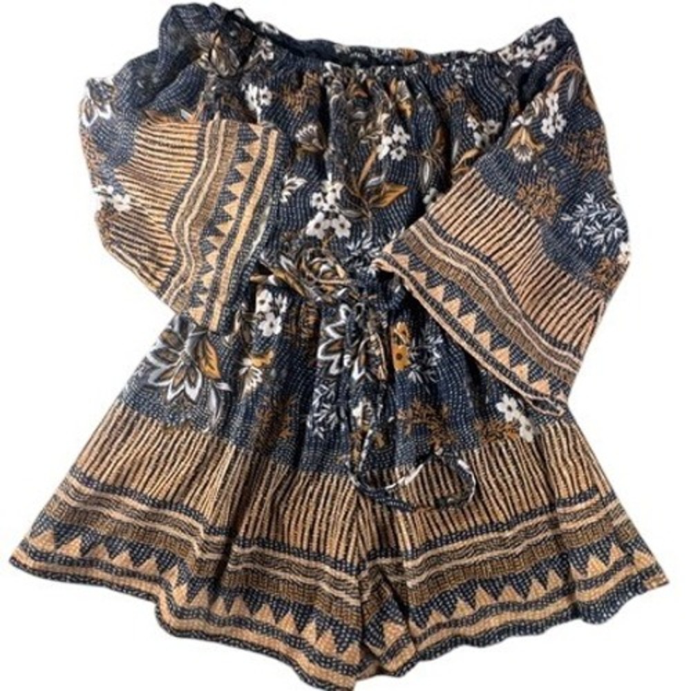 Papaya Romper Womens Large Blue Floral Boho Off Shoulder Bell Sleeve Geometric